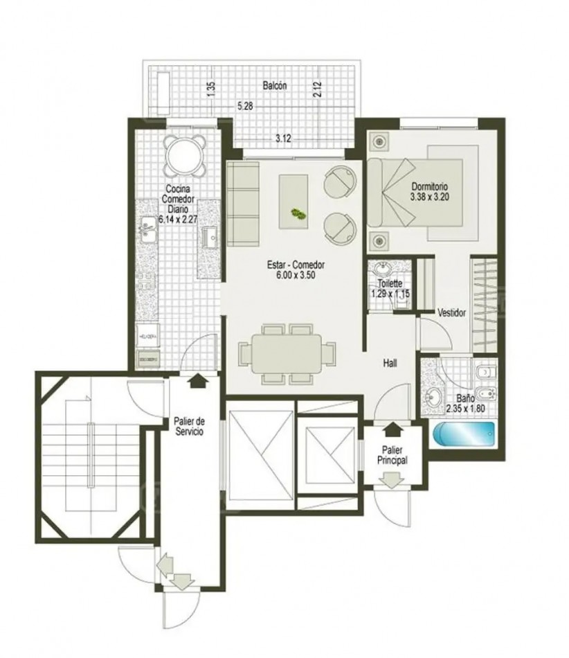 2 Amb de 70 m² AMOBLADO Piso 6 Balcon Terraza Agradable Vista a Jardines y Piscina Bayres Madero